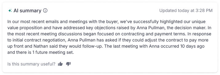 AI-generated deal summary card with a 'Is this summary useful?' thumbs up and down control