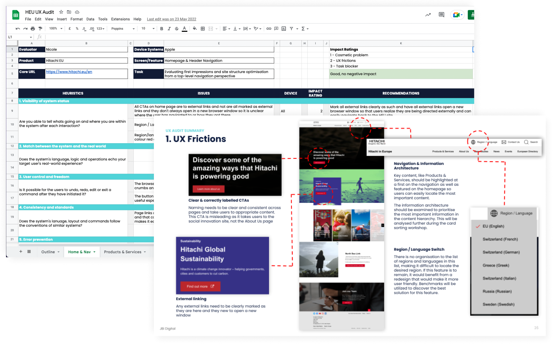 UX friction audit pairing a findings spreadsheet with annotated screenshots of the Hitachi site