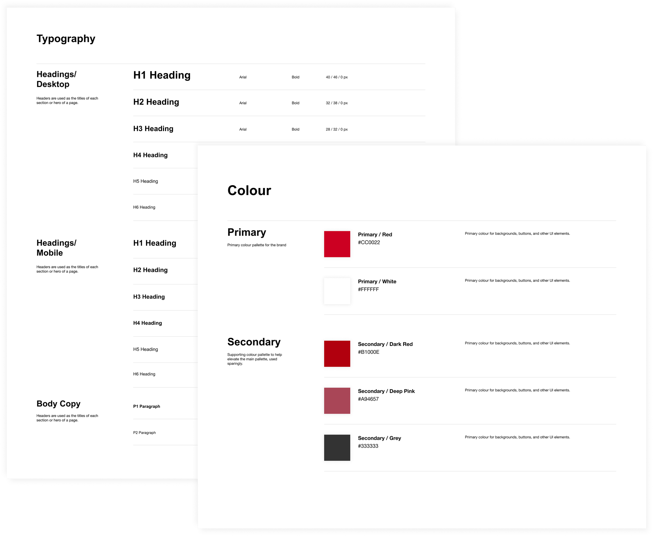 Design system documentation covering desktop and mobile type scales and the primary and secondary colour palettes