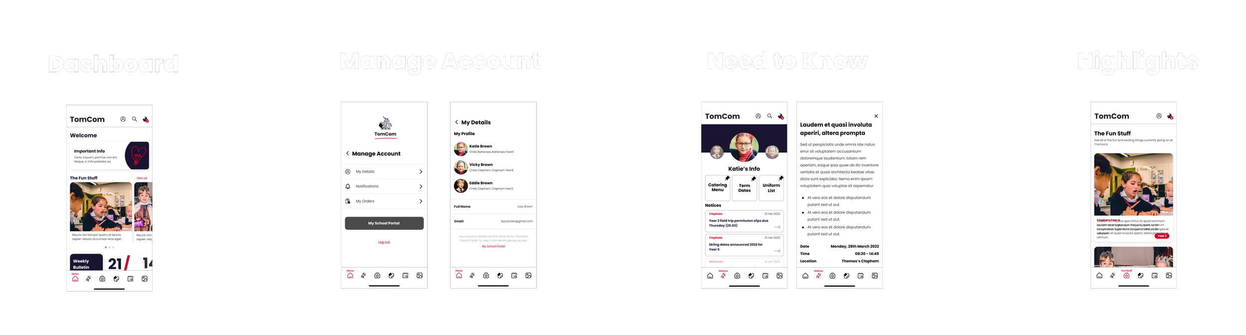 Mobile wireframes for the Dashboard, Manage Account, Need to Know, and Highlights screens