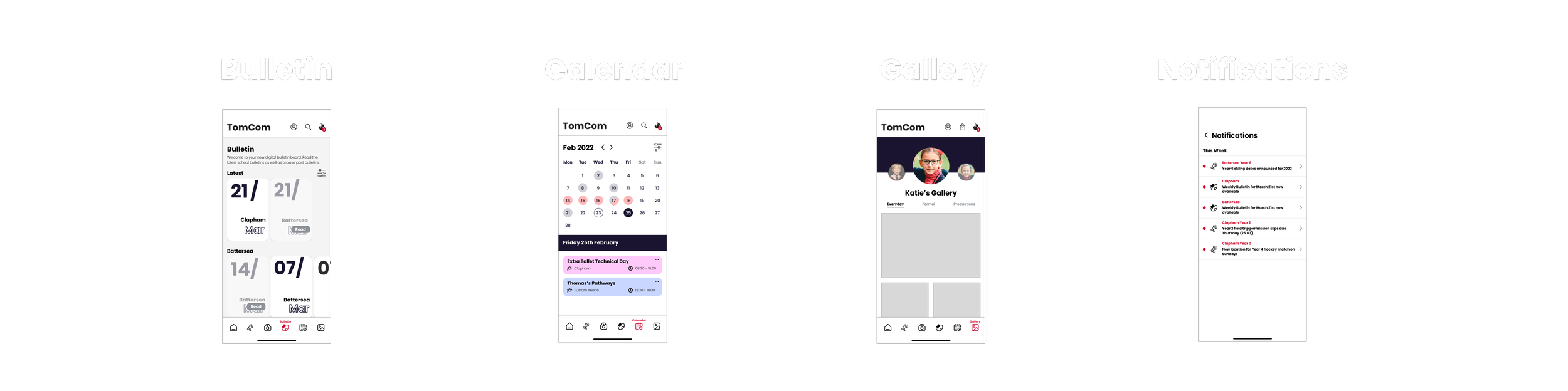 Mobile wireframes for the Bulletin, Calendar, Gallery, and Notifications screens