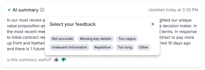 AI summary card with the feedback picker open, offering options such as not accurate, missing key details, and too vague