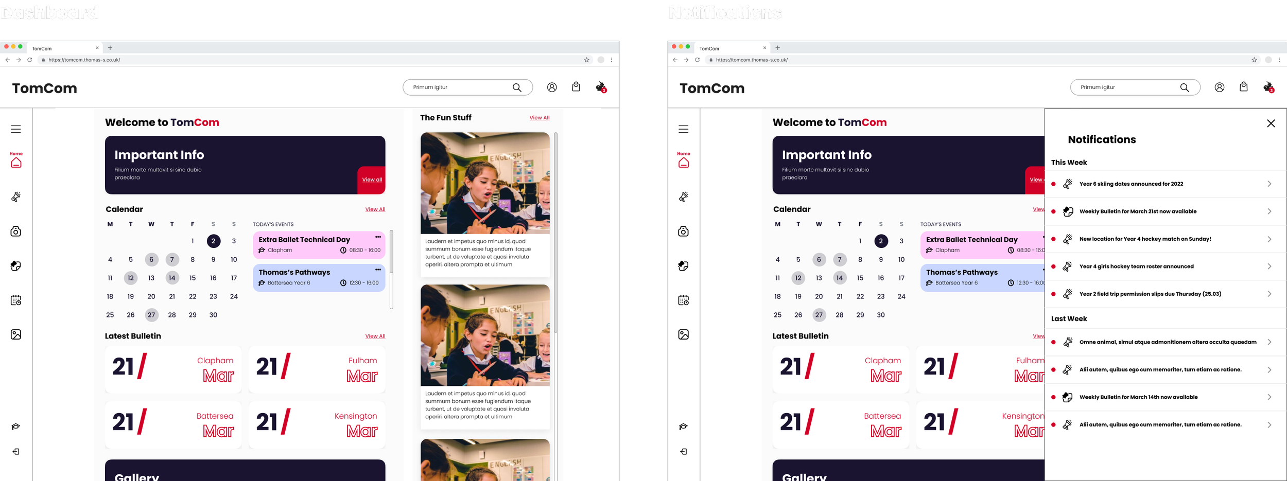Desktop CMS designs for the Dashboard and Notifications screens