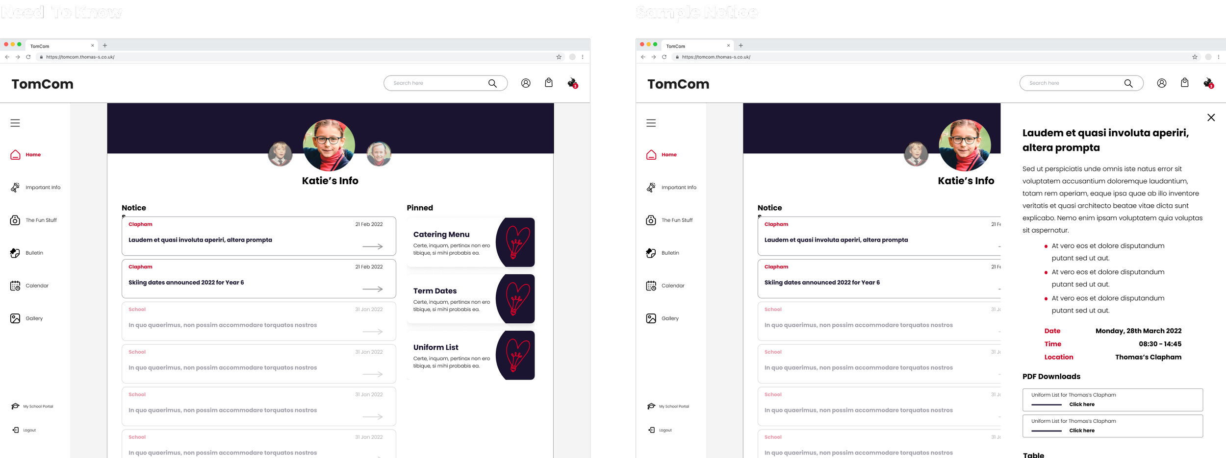 Desktop CMS designs for the Need To Know screen and a sample notice