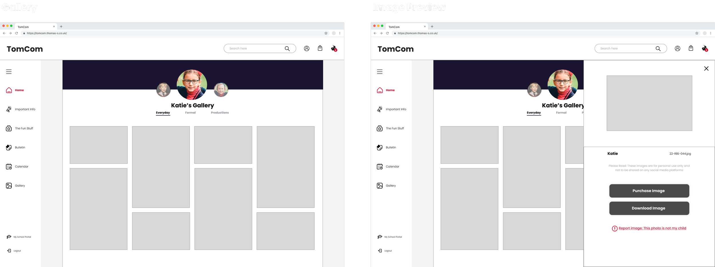Desktop CMS designs for the Gallery and image preview screens