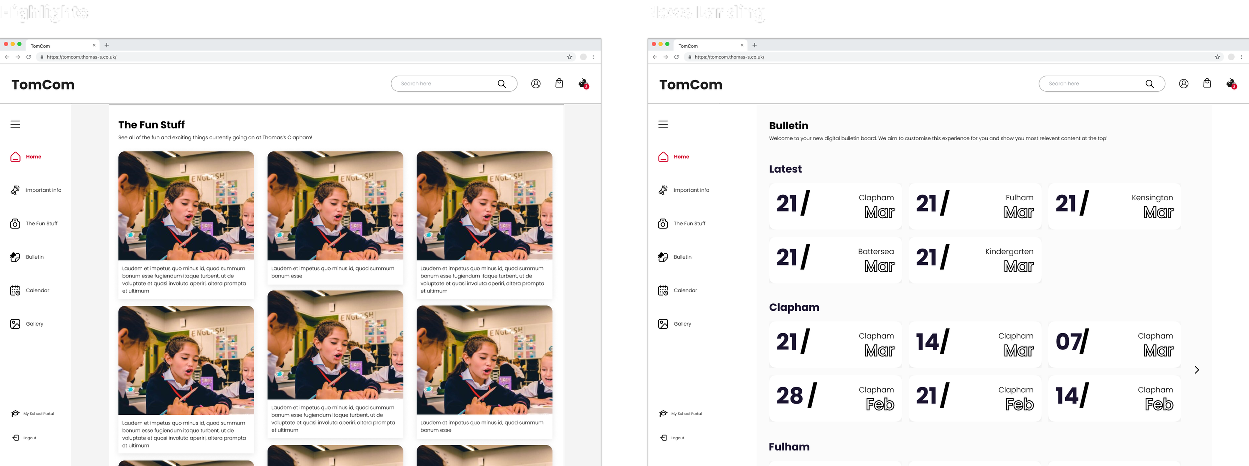 Desktop CMS designs for the Highlights and news landing screens