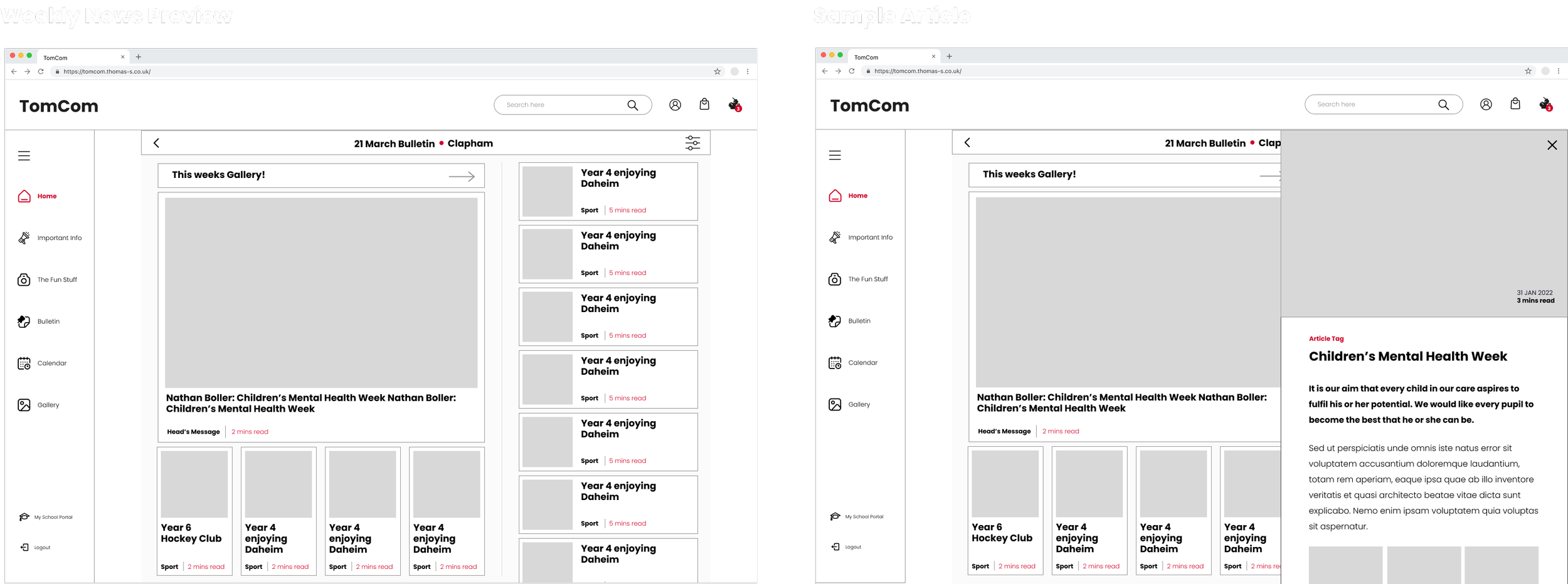 Desktop CMS designs for the weekly news preview and a sample article