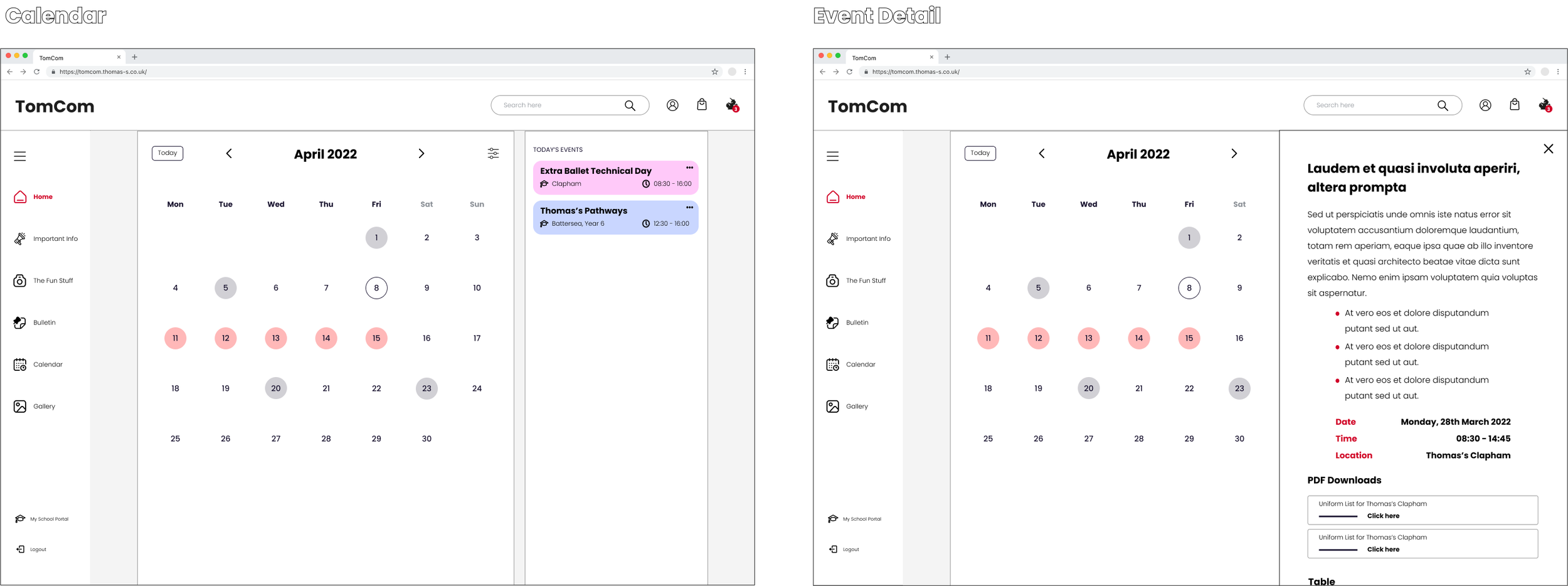 Desktop CMS designs for the calendar and an event detail view