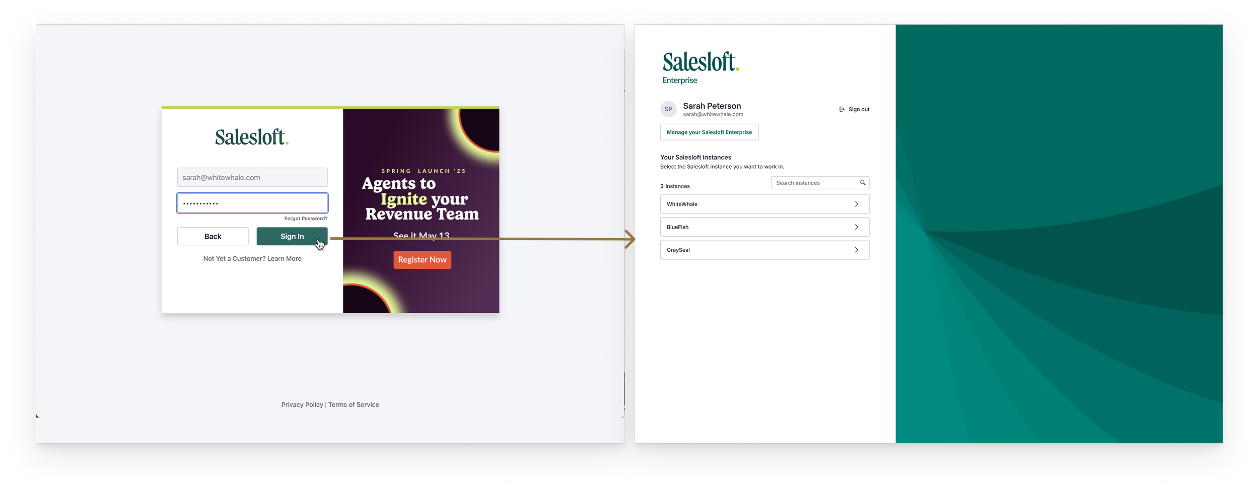 Salesloft login and landing screens shown side by side