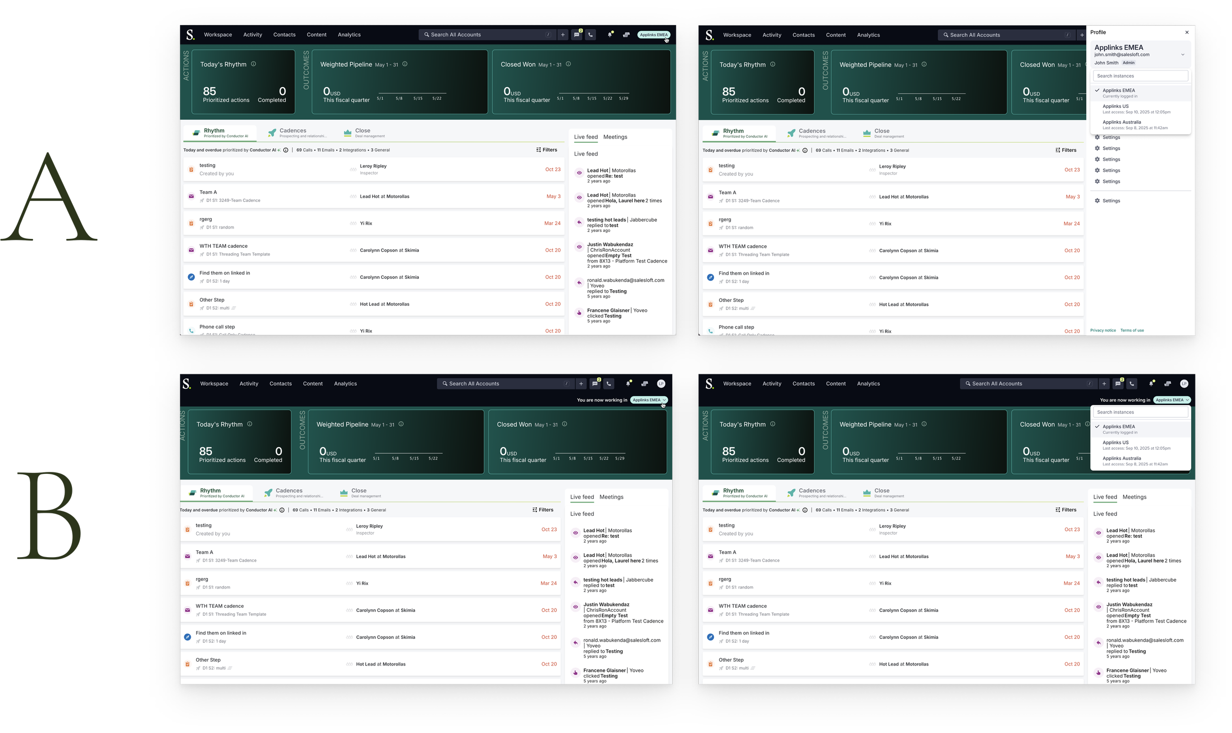 A/B comparison of two dashboard layout options, labelled A and B