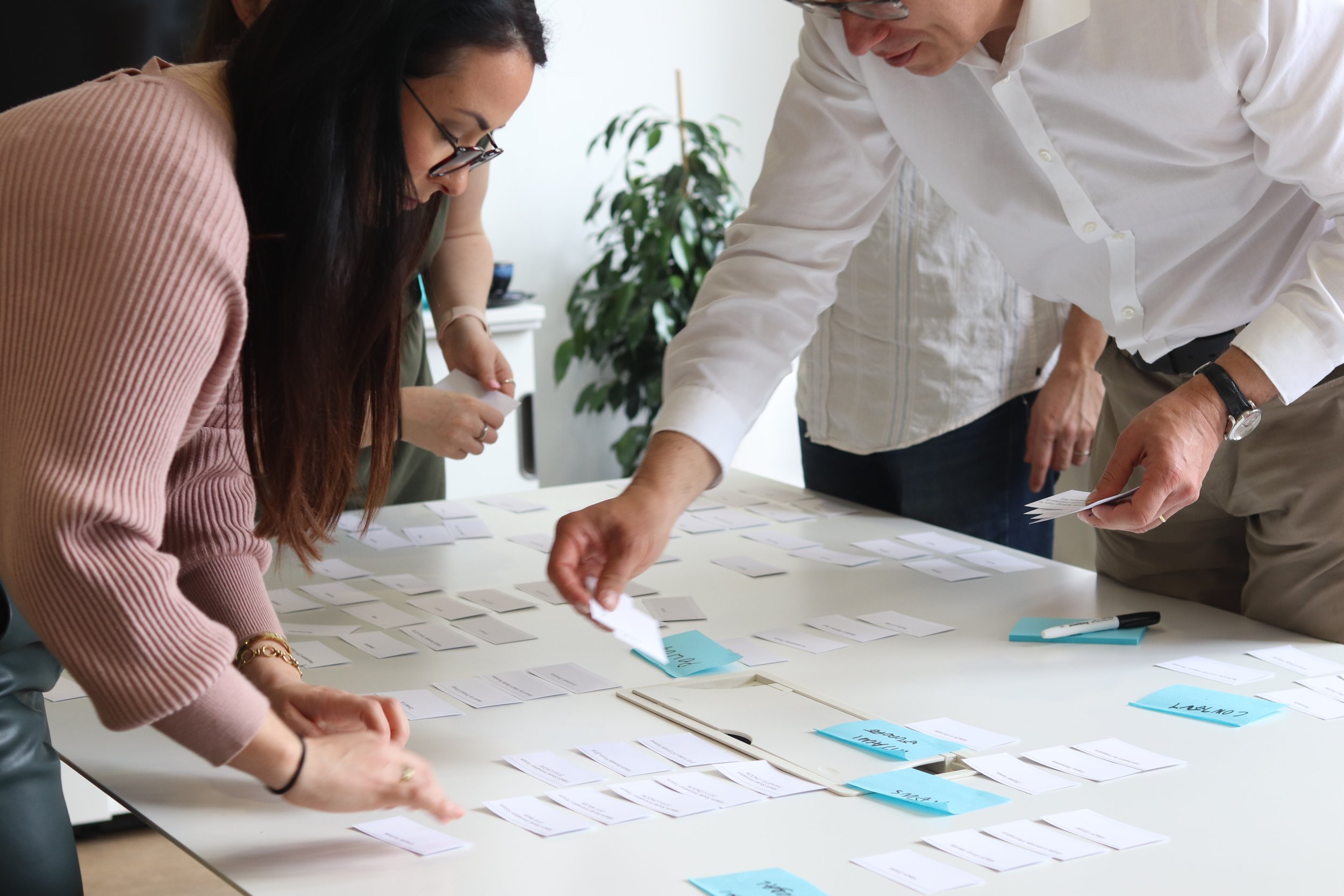 Two colleagues running a card-sorting exercise with sticky notes on a table