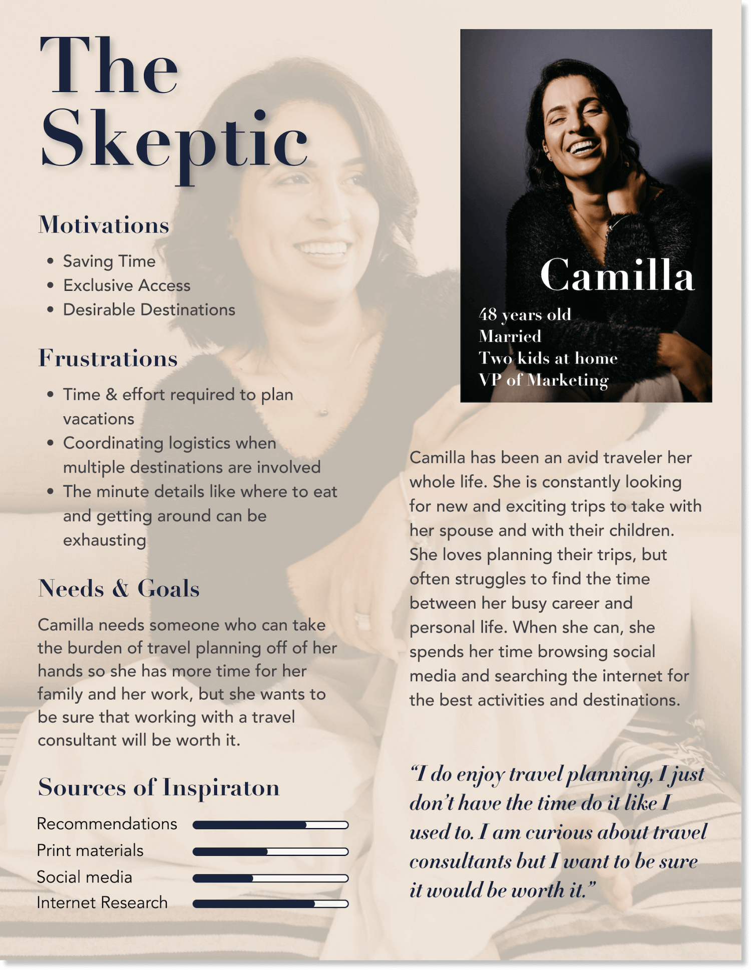 Persona card for Camilla, 'The Skeptic' — 48, married with two children, VP of Marketing, listing her motivations, frustrations, and needs