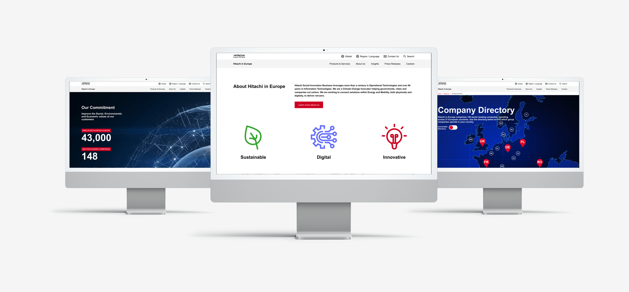 Three desktop monitors displaying pages from the redesigned Hitachi Europe website