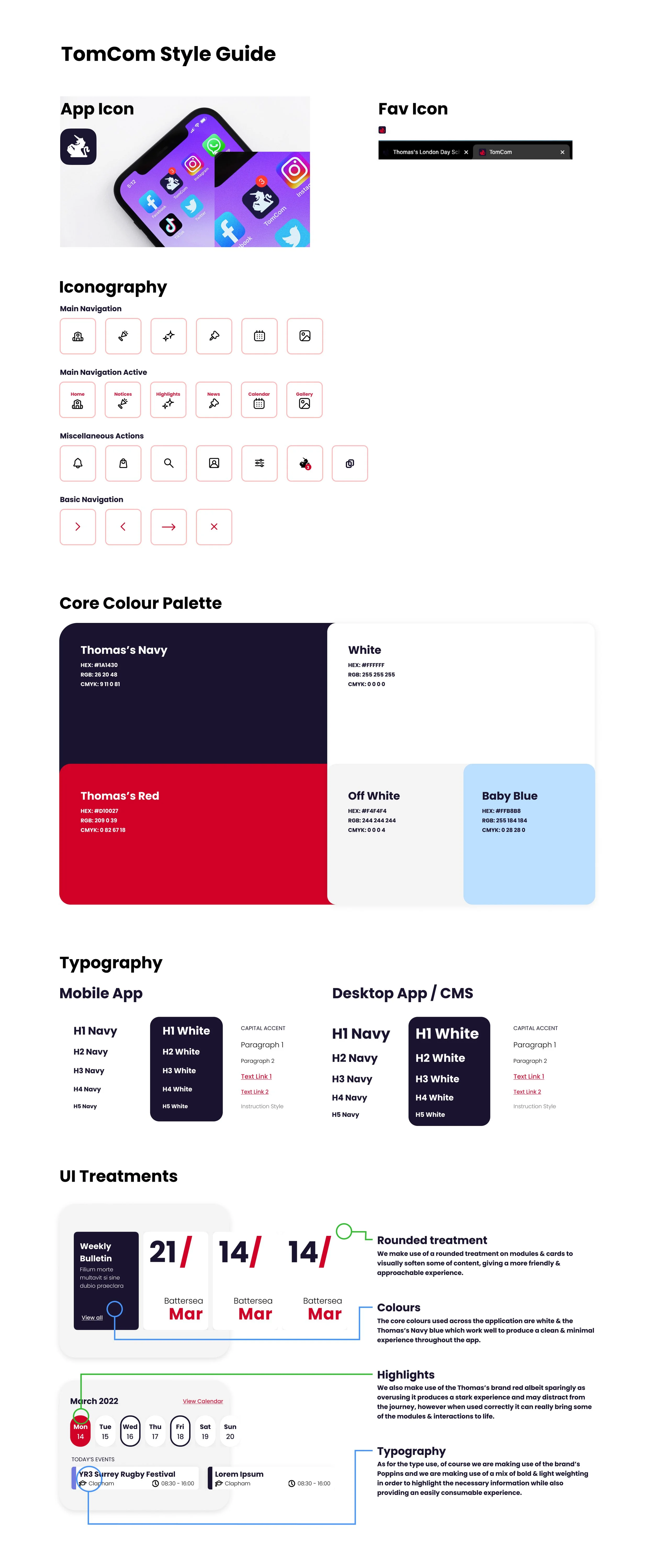 TomCom style guide covering the app icon, iconography, core colour palette, typography, and UI treatments
