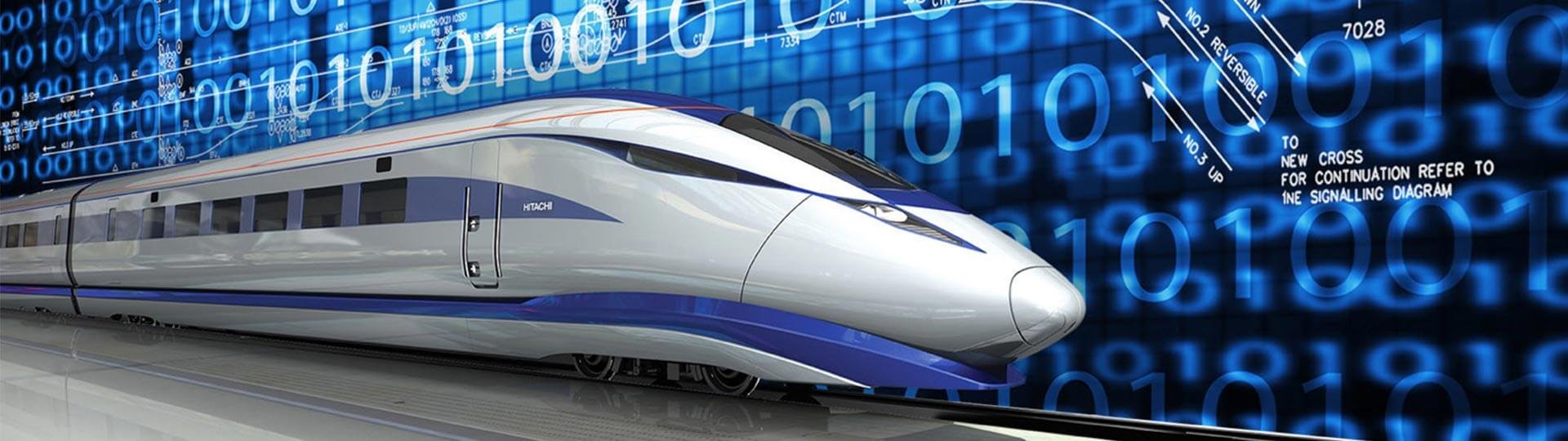 A high-speed train over a background of blue binary code