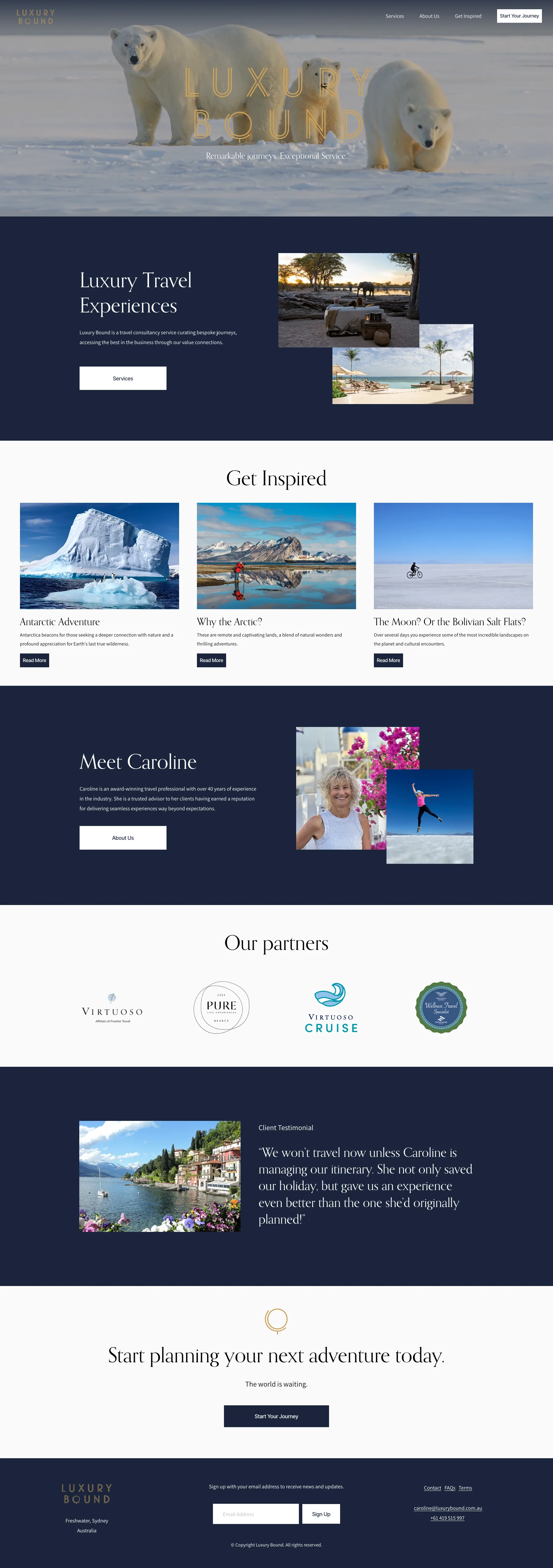 The full Luxury Bound homepage, scrolling from the polar bear hero through Luxury Travel Experiences, Get Inspired, Meet Caroline, the partner logos and a client testimonial, to the footer