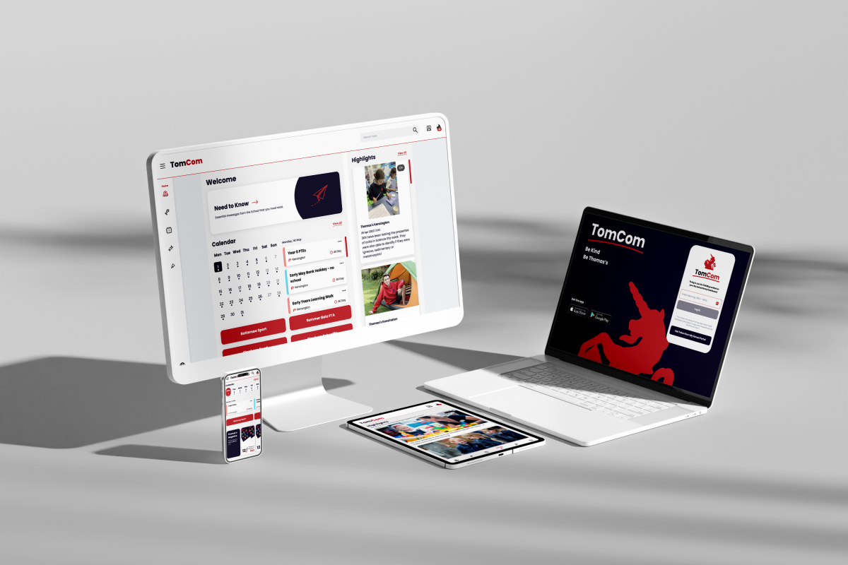 TomCom shown across a desktop monitor, laptop, tablet, and phone