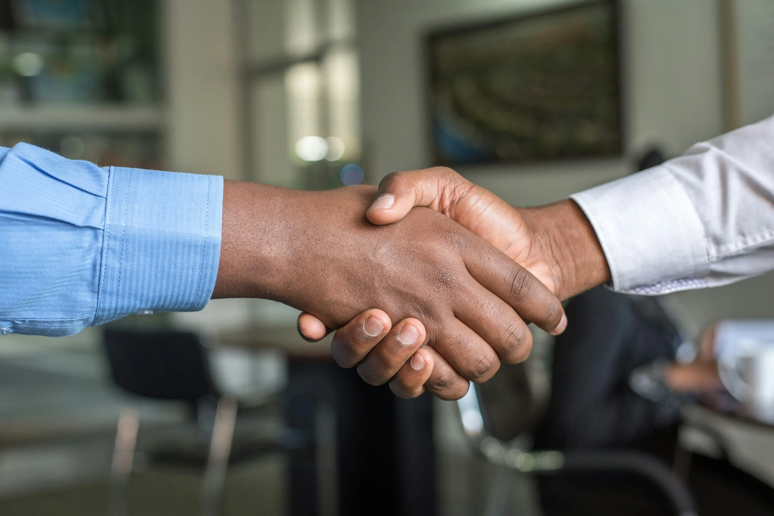 Two people shaking hands across a meeting table