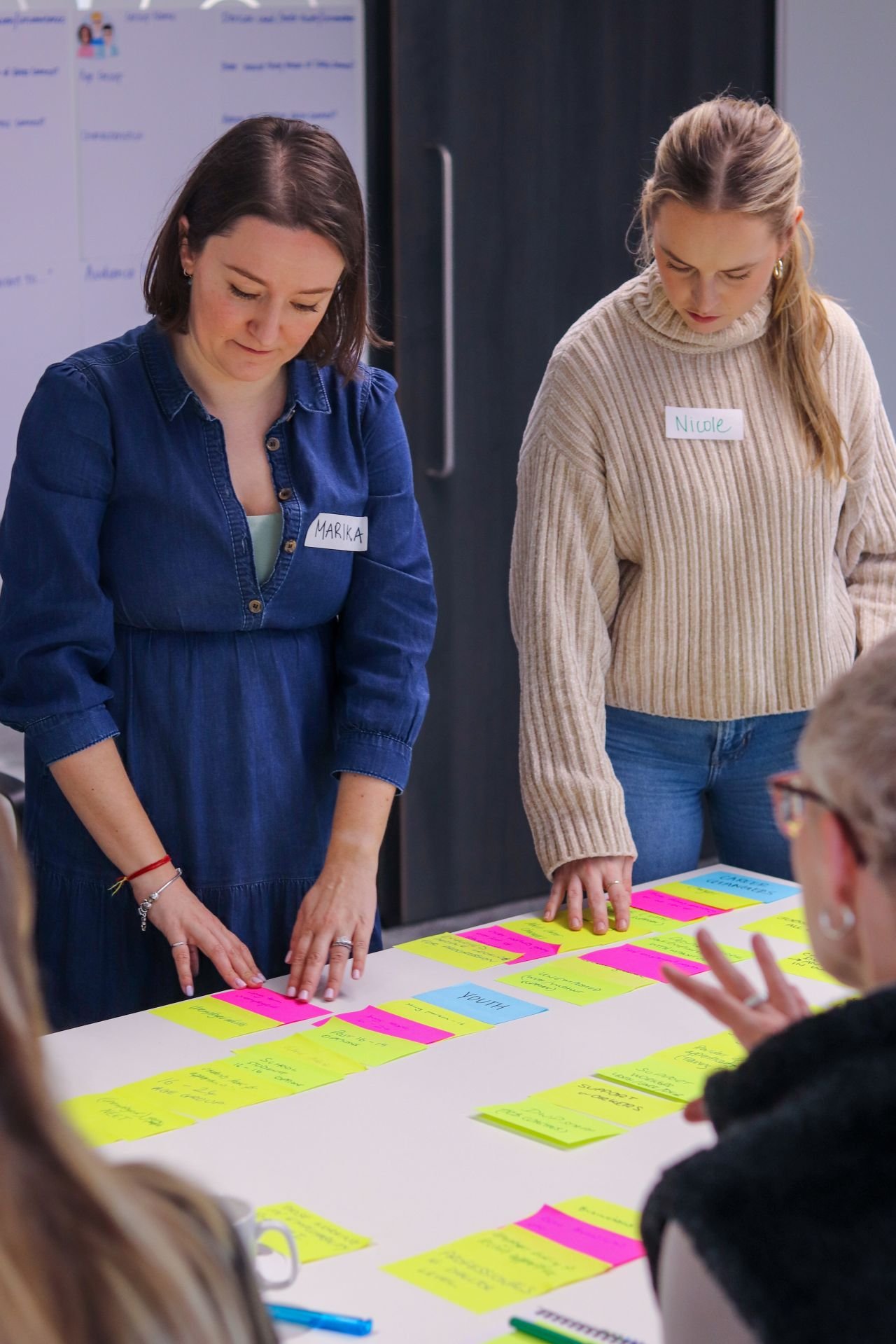 Two participants reviewing sticky notes spread across a table during a workshop